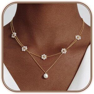 Gold Pearl Necklaces Set for Women 14K Gold Plated Dainty Layered Pearl Cute Dai